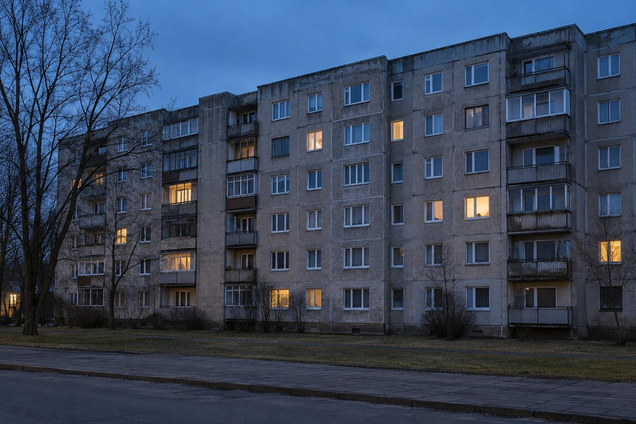 Concrete apartment block with lit windows at dusk