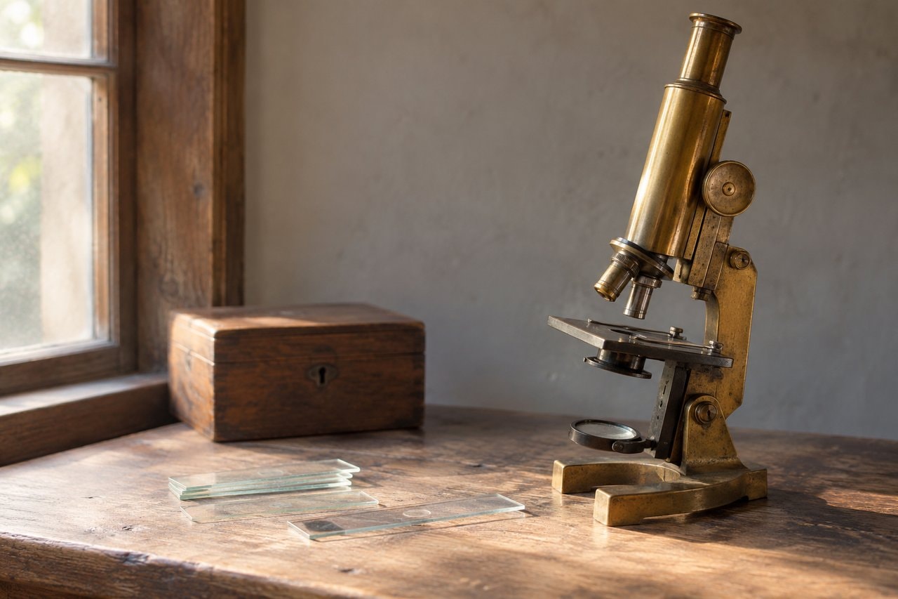 A brass microscope and glass slides on a wooden bench