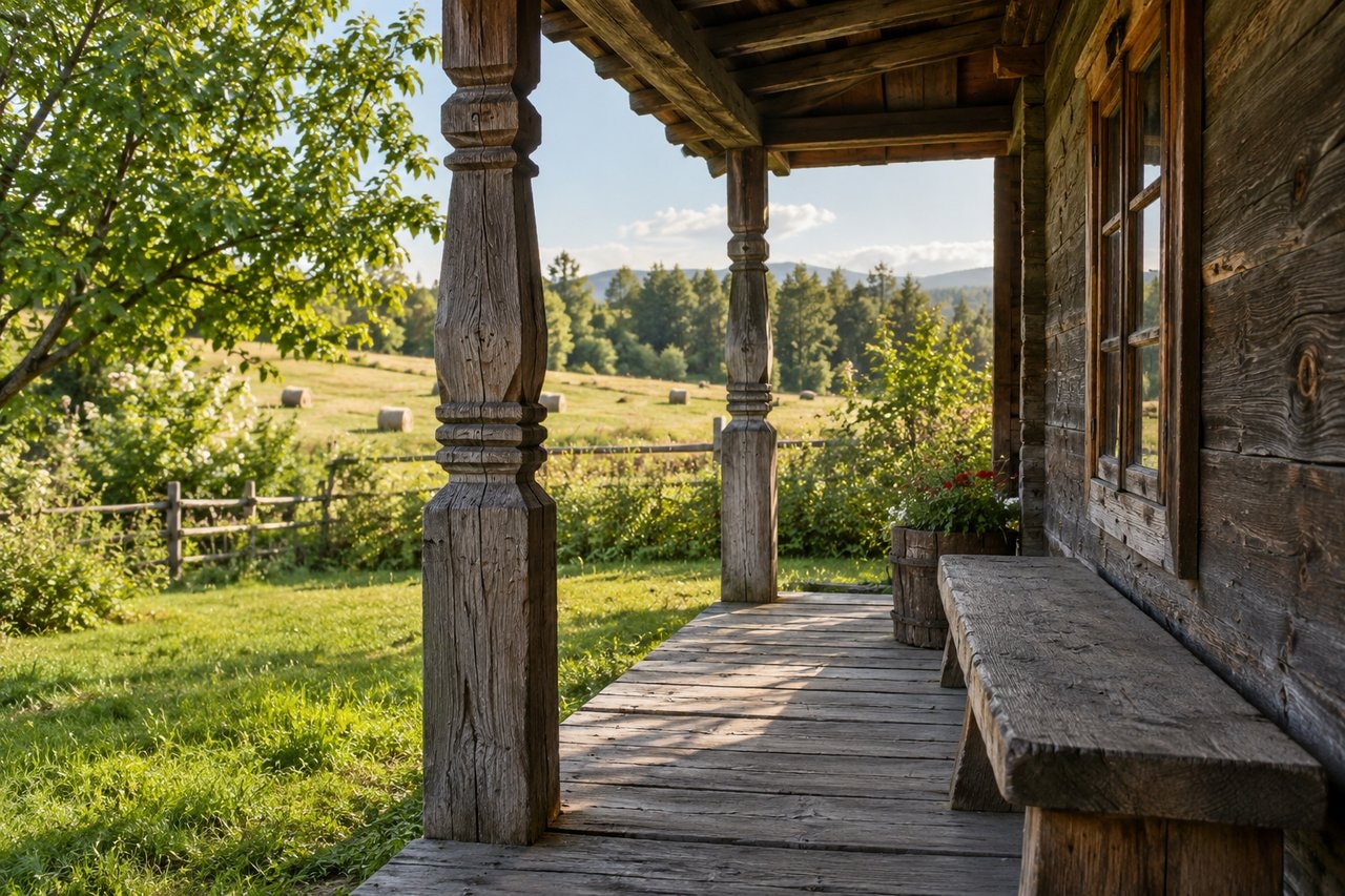 Carved wooden porch beside a hay meadow