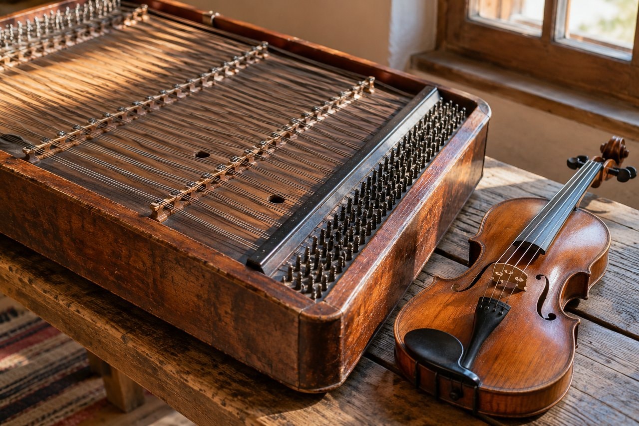 A cimbalom and violin resting on a wooden bench