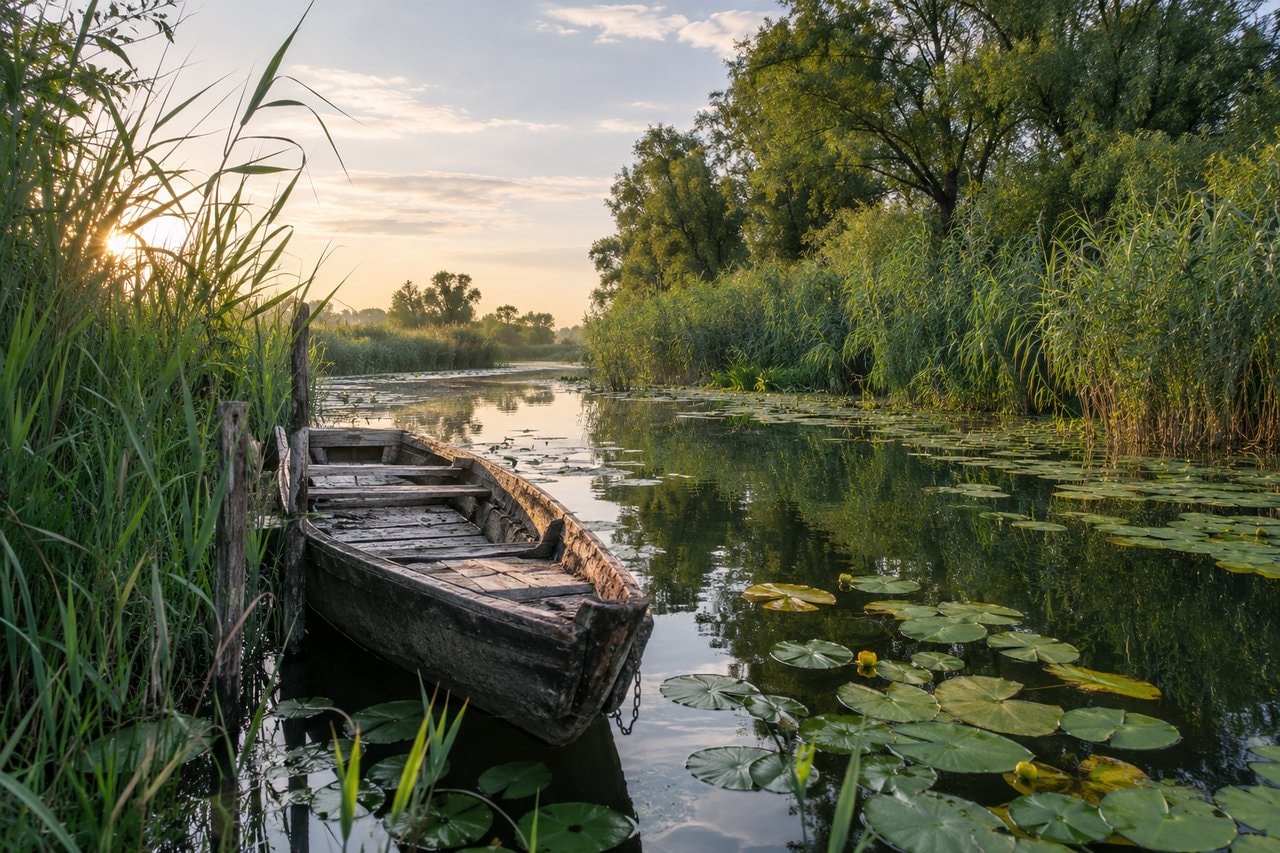 Water lilies and reeds beside a moored wooden boat