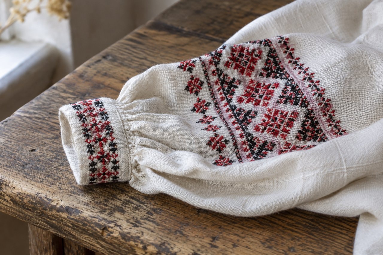 Red and black cross-stitch on a folded white linen sleeve