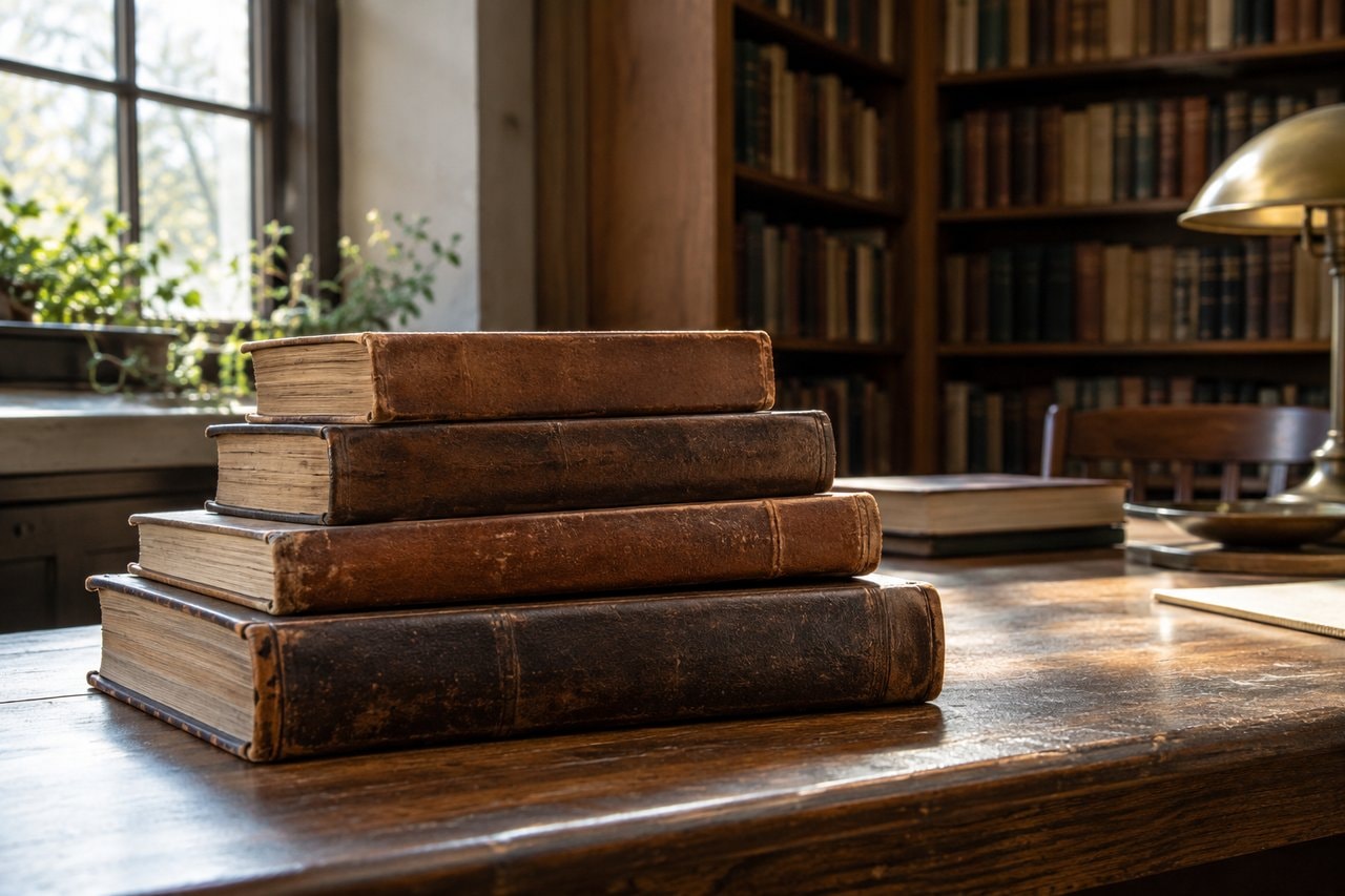 Plain leather-bound books stacked on a wooden reading table