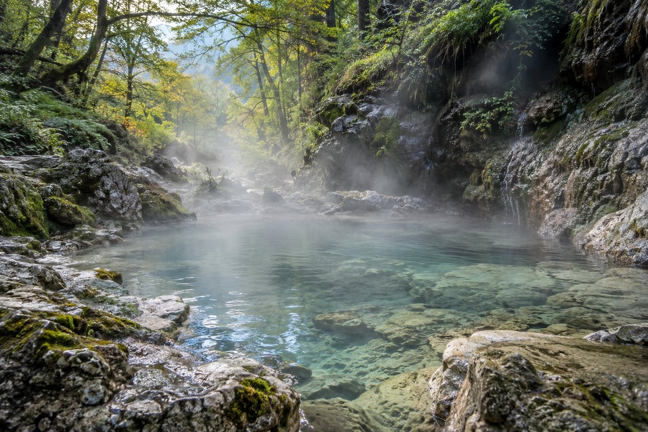 Steam above a clear pool among mossy rocks and trees