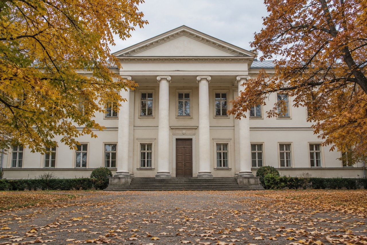 Plain neoclassical facade framed by autumn trees