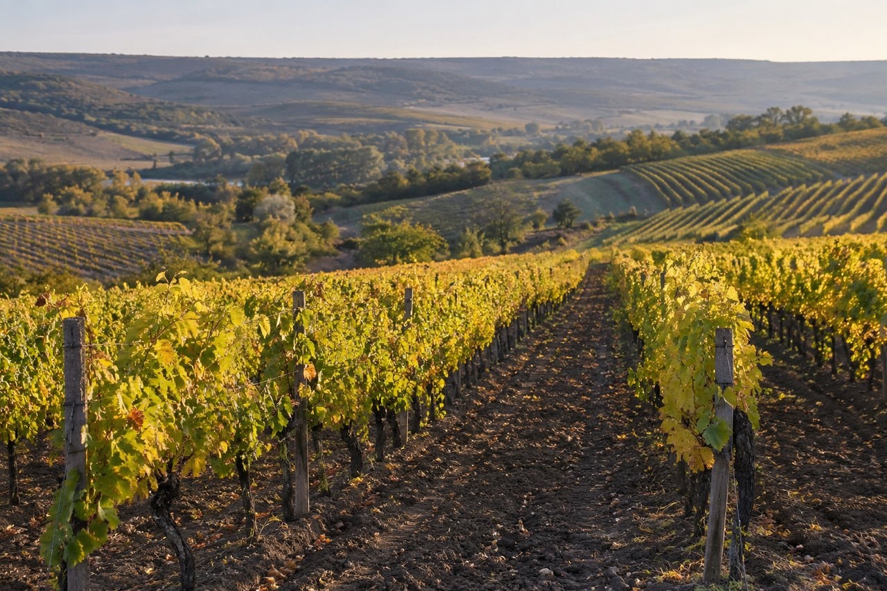 Autumn vines following the curves of rolling hills