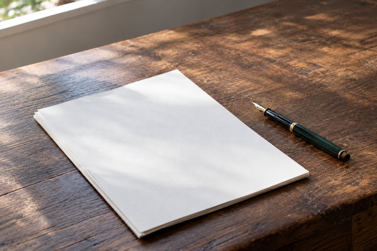 Blank paper and a fountain pen on a wooden desk